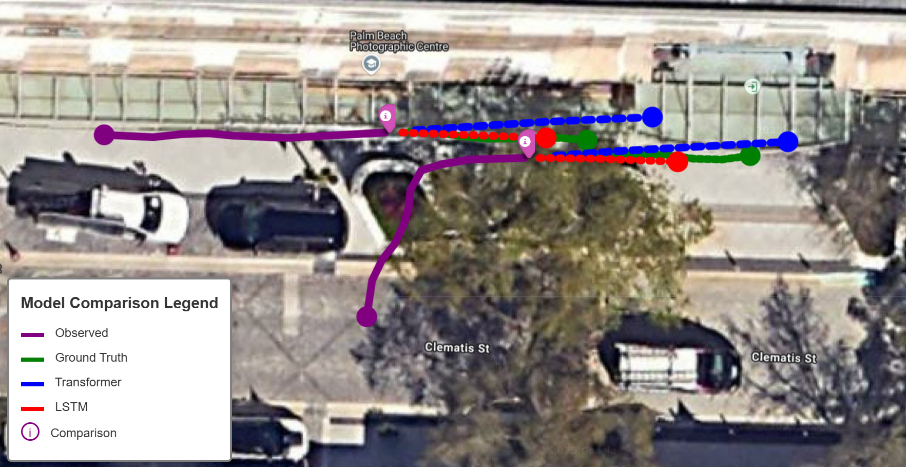 Aerial map of Clematis Street, West Palm Beach, with a pedestrian's observed path, the ground-truth continuation, and the Transformer and LSTM predicted paths drawn as coloured tracks.